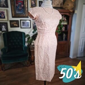 Vintage 50s Henry-Lee Peach Embroidered Organza Sheath Dress Cap‎ Sleeve